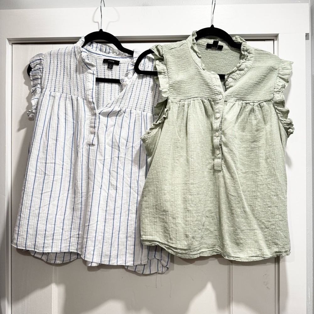 J. Crew Striped White and Light Green Tank Tops